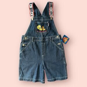Vtg Looney Tunes Tweety Bird Denim Bib Shortall 7/8 Girls 90’s Overalls Boys NWT